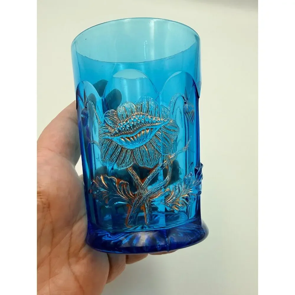 Antique Northwood Electric Celeste Blue Oriental Poppy Glass Tumblers EAPG Flora